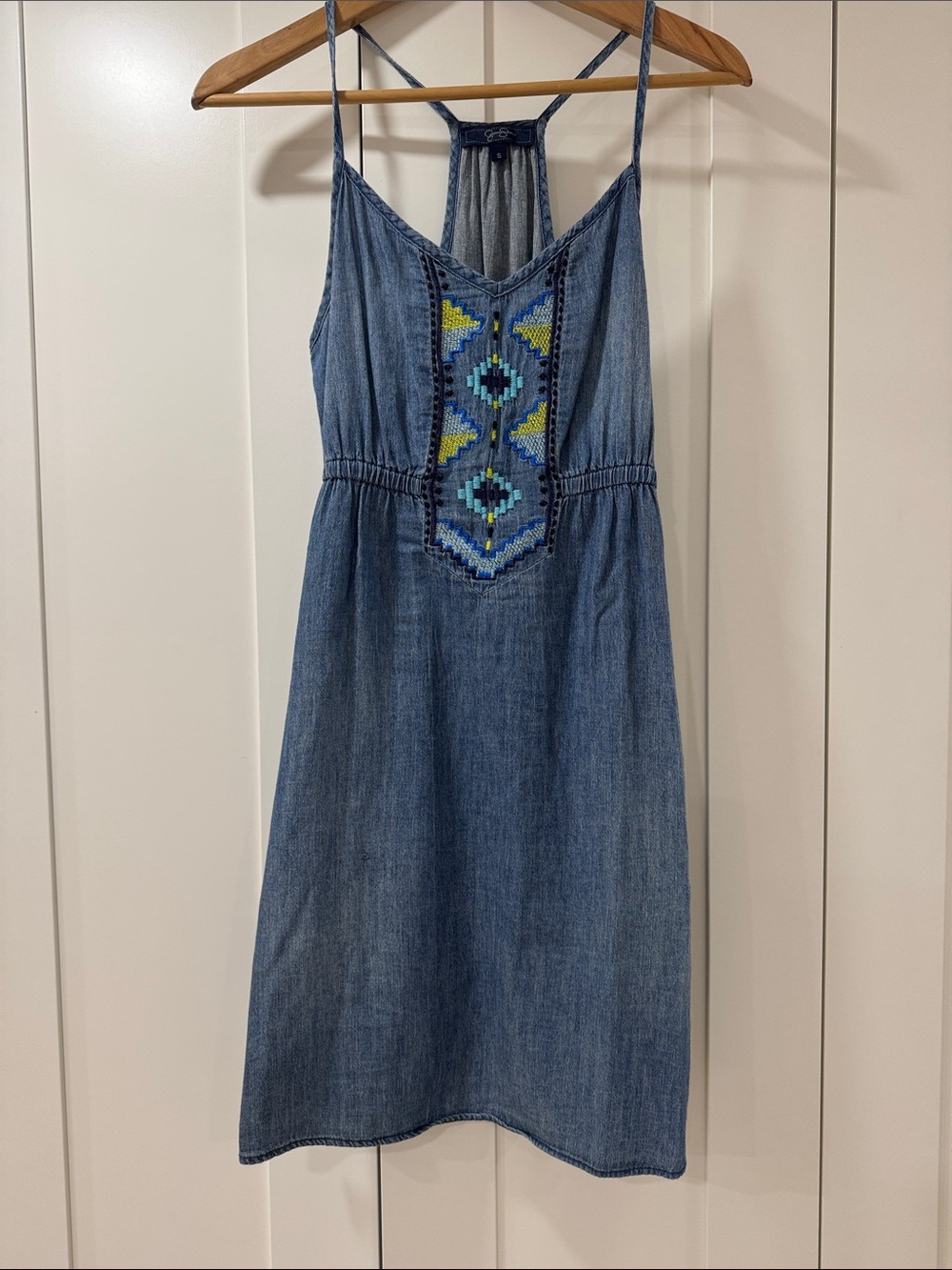 Jessica Simpson Blue Denim Sundress with Multicolor Embroidery